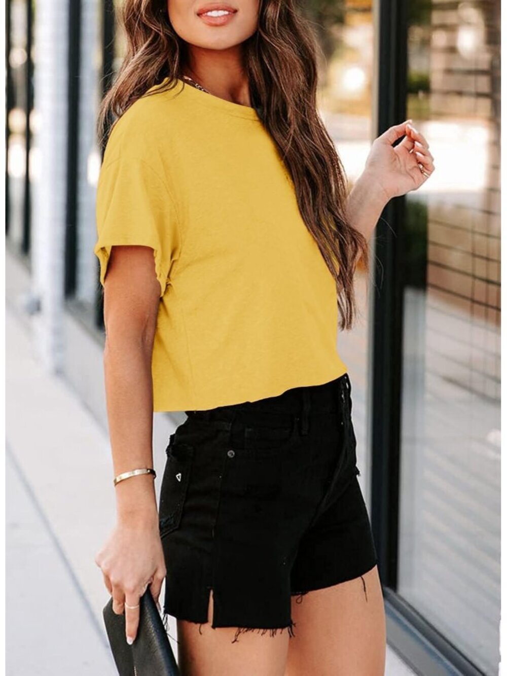 〽️Women's Yellow Short Sleeve Crew Neck Loose Casual Drop Shoulder Crop Tops